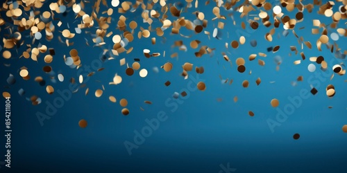 Gold confetti bokeh on blue background.