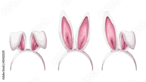 Headband set with cartoon different ears of Easter bunny. Funny retro fun party head decoration with white and pink floppy bent or long ears of rabbit, cartoon photo booth props vector illustration