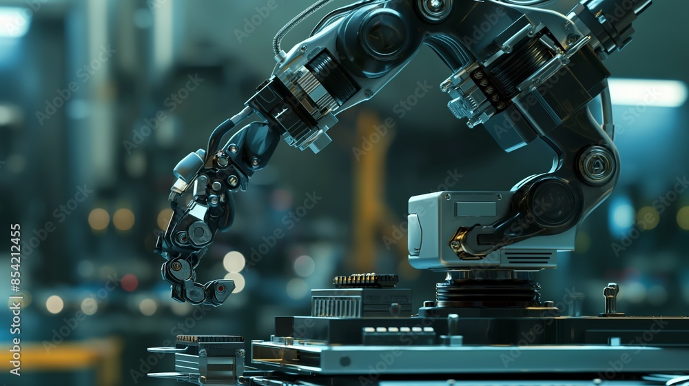 Robotic arm assembling electronic components in a high-tech industrial setting Robotic arm assembling electronic components in a high-tech industrial setting