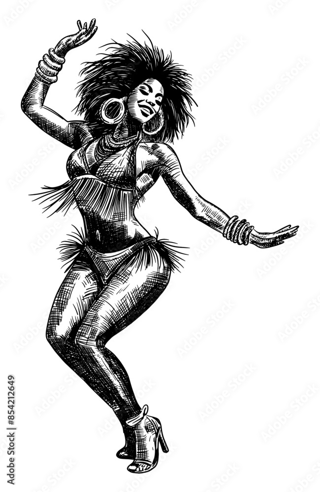 Fototapeta premium woman dancing isolated hand drawn sketch line art illustration fringed bikini large hoop earrings high-heeled shoes voluminous hair for dance music cultural expressions projects