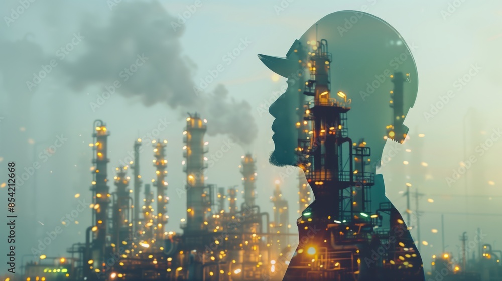 Double exposure of an industrial worker and a factory with smokestacks, representing the intersection of human labor and industrialization, highlighting themes of technology, environment, and industry Double exposure of an industrial worker and a factory with smokestacks, representing the intersection of human labor and industrialization, highlighting themes of technology, environment, and industry