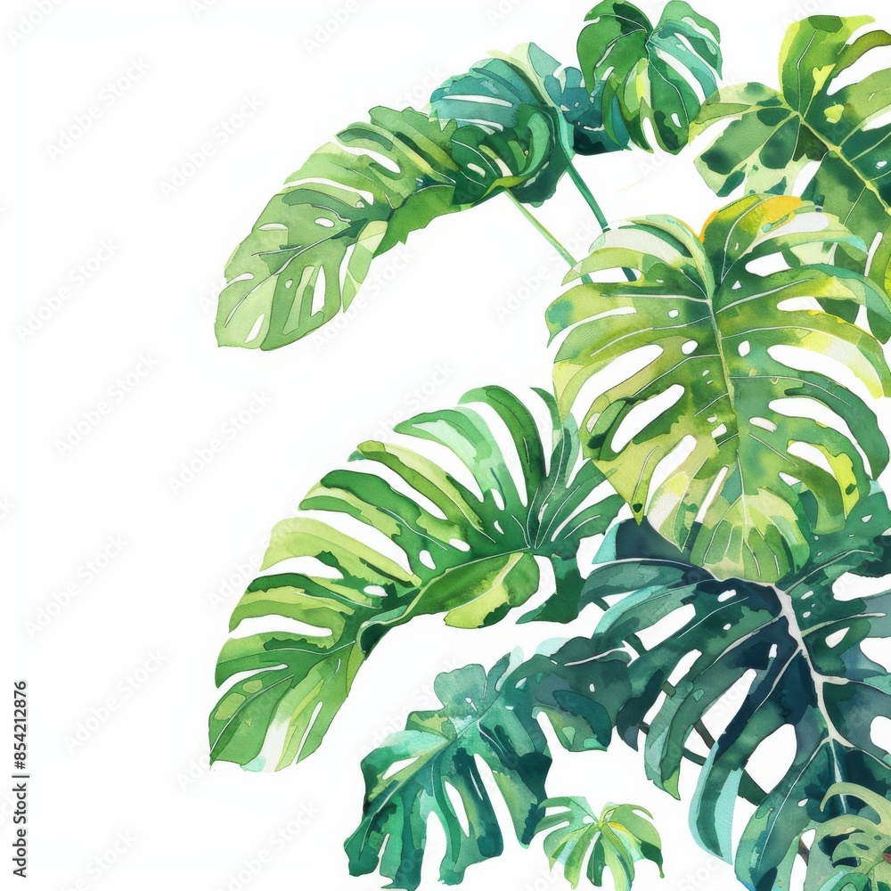 watercolor painting of monstera leaves on white. watercolor painting of monstera leaves on white.