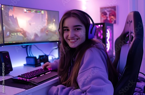 A young smiling woman wearing headphones is sitting at her gaming desk, playing video games on the computer.