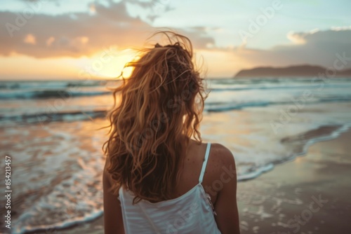 Rear view of a woman with curly hair watching a beautiful sunset on a serene beach © ChaoticMind