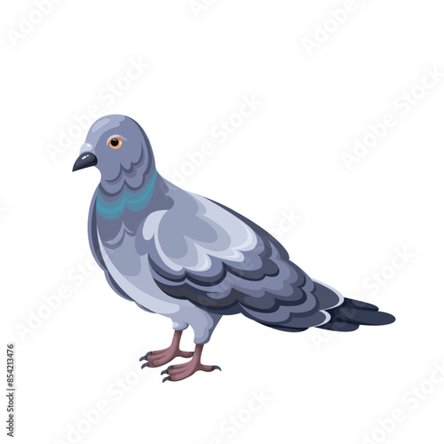 Perched common wood pigeon, cartoon bird of city street. Funny portrait of grey dove standing on ground or perch. Fauna and ornithology mascot cartoon pigeon with wings and beak vector illustration