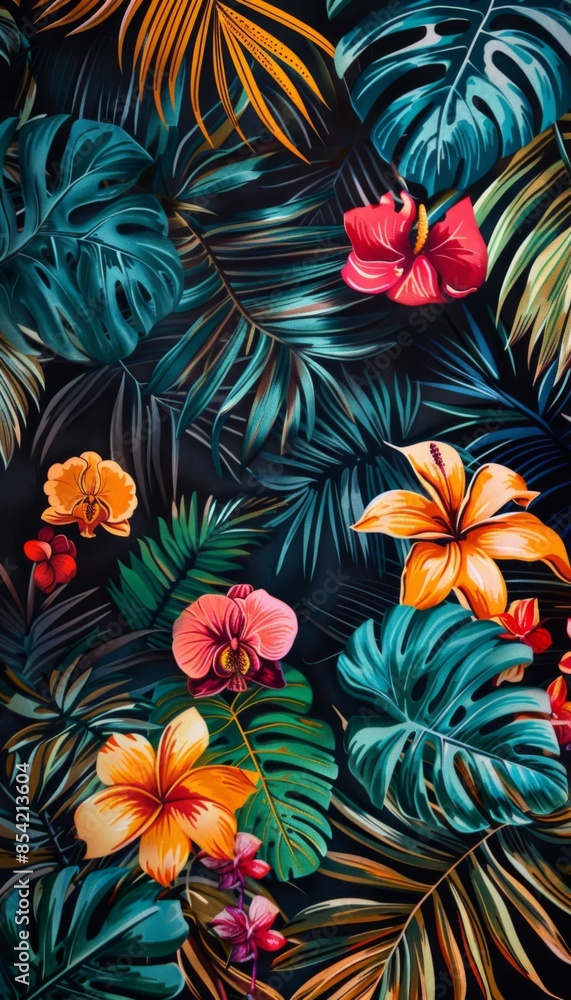 Many brightly colorful tropical plants are on a black background. Exotic leaves and flowers Many brightly colorful tropical plants are on a black background. Exotic leaves and flowers