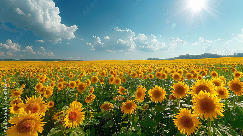 Obraz premium Panoramic sunflower field, blossoms reaching towards sun, blue sky background. Concept agricultural