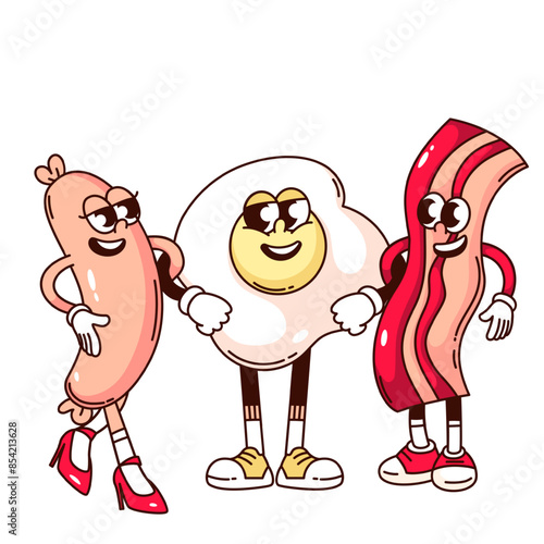 Groovy fried egg, bacon and sausage cartoon characters friends. Funny retro morning food standing together, tasty breakfast mascot, cartoon egg and company sticker of 70s 80s style vector illustration