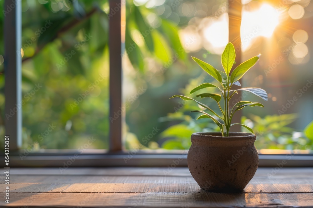 Fototapeta premium Potted plant on a wooden floor by the window basked in warm sunlight, symbolizing growth and new beginnings