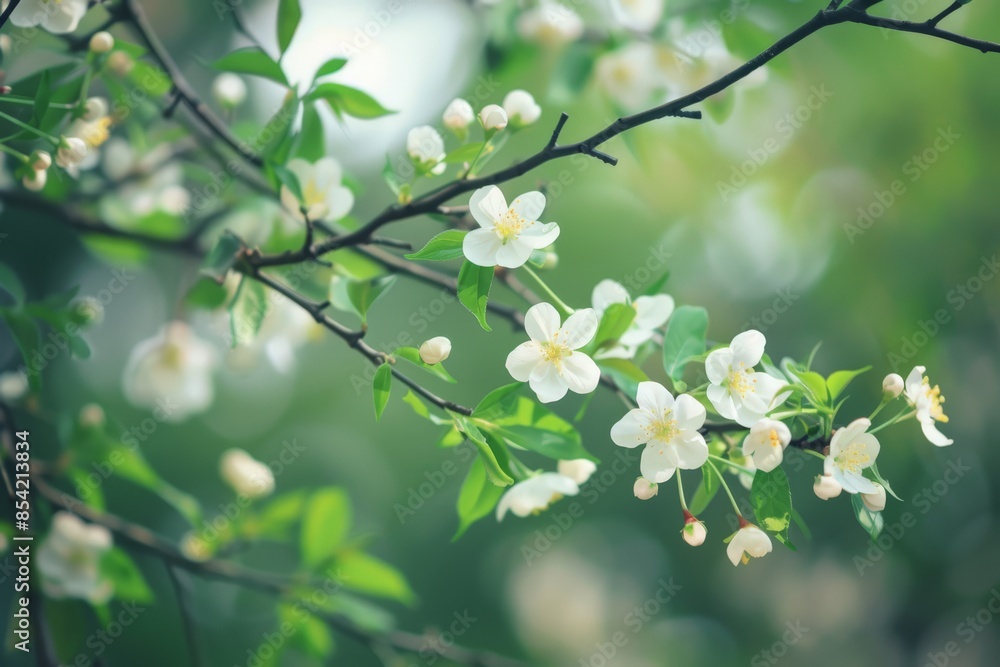 Branch with delicate white flowers and green leaves, conveying beauty and new life in spring Branch with delicate white flowers and green leaves, conveying beauty and new life in spring