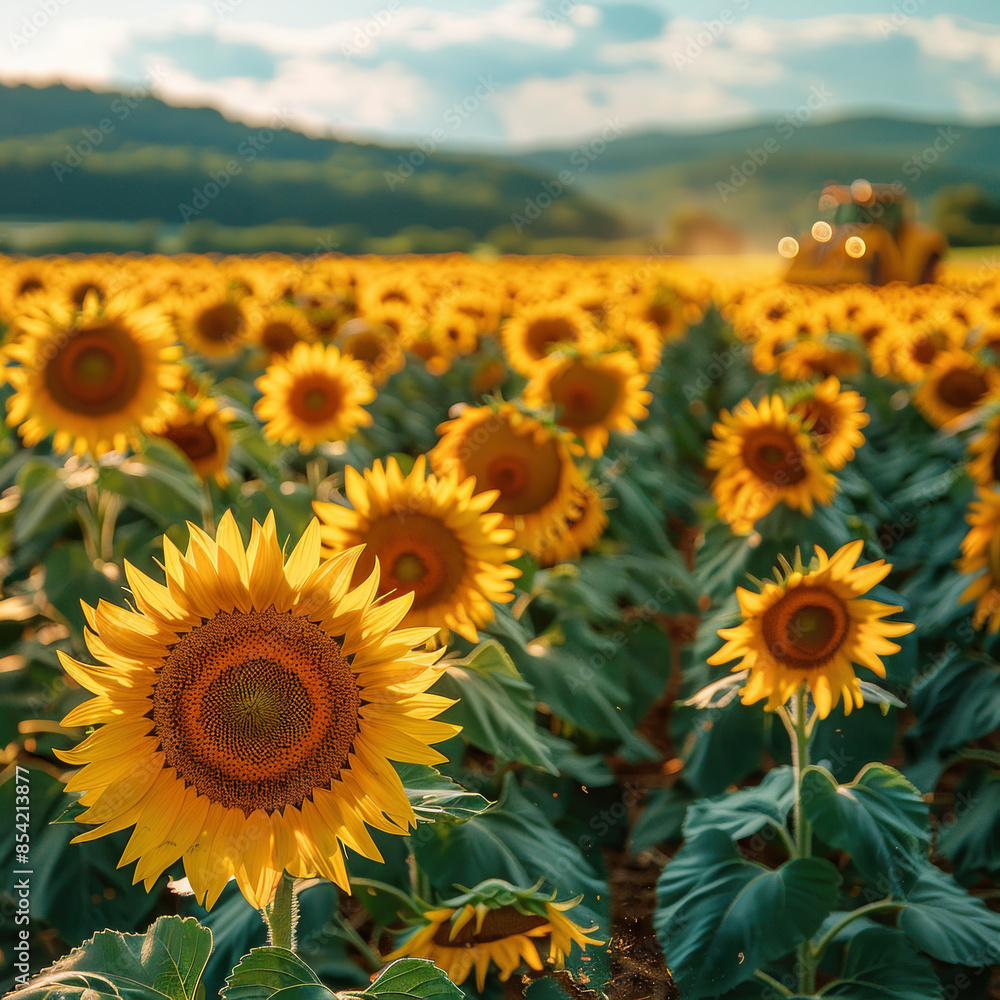 Obraz premium Panoramic sunflower field, blossoms reaching towards sun, blue sky background. Concept agricultural