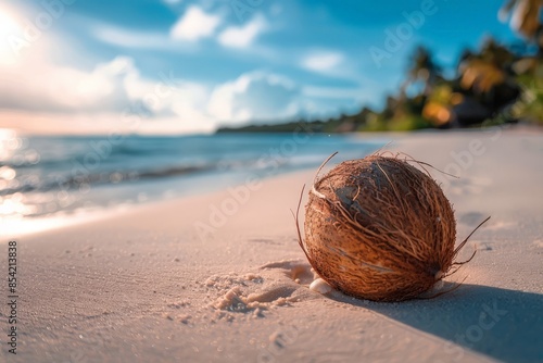 Wallpaper Mural A single coconut rests on white sand with the ocean and a sunset sky in the background, highlighting a tropical paradise Torontodigital.ca