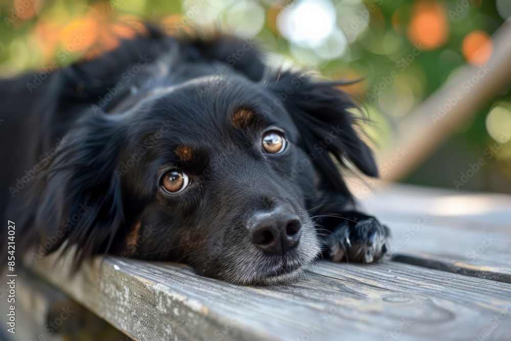 Heartwarming image of a friendly black dog resting its head on a wooden surface, looking up Heartwarming image of a friendly black dog resting its head on a wooden surface, looking up