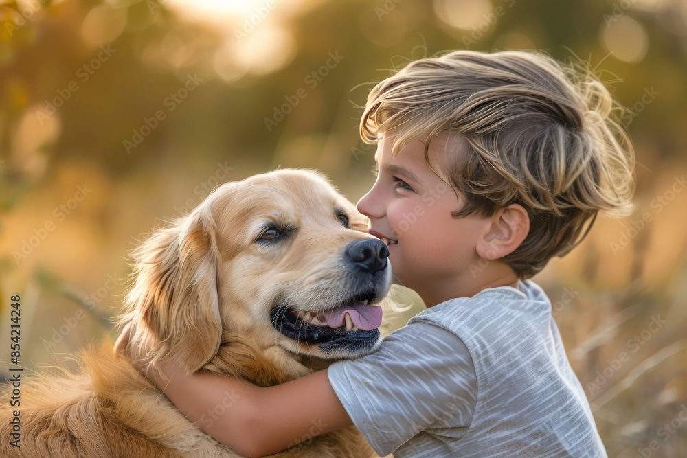 A young boy is shown embracing a golden retriever in a tender moment, face not visible A young boy is shown embracing a golden retriever in a tender moment, face not visible