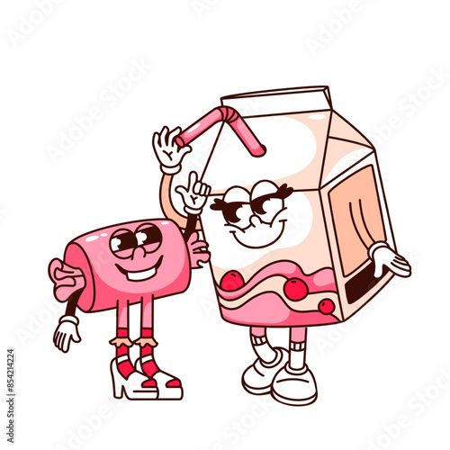 Groovy happy candy and milkshake friends cartoon characters. Funny retro pink sweets standing together with smile, friendship mascot, cartoon food friends sticker of 70s 80s style vector illustration