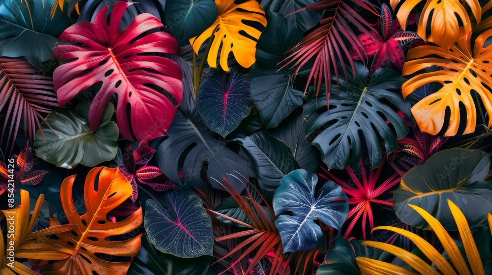 Many brightly colorful tropical plants are on a black background. Exotic leaves and flowers Many brightly colorful tropical plants are on a black background. Exotic leaves and flowers