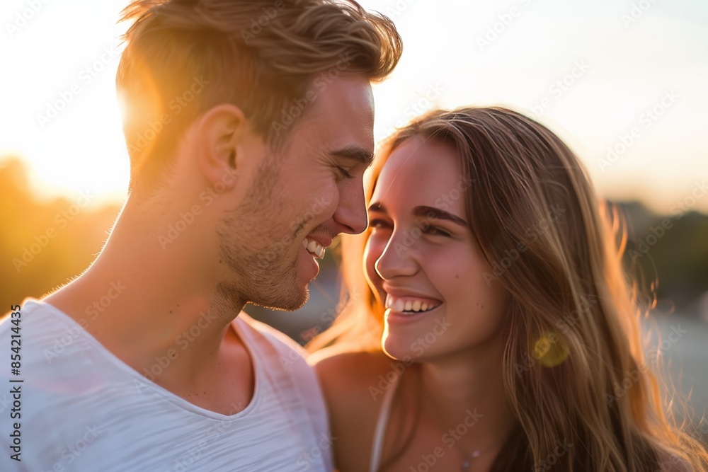 Happily in love couple shares a tender moment as the sun sets, with soft backlight Happily in love couple shares a tender moment as the sun sets, with soft backlight