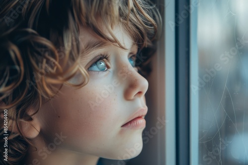 Pensive young boy with curly hair gazes out a window with a reflective expression