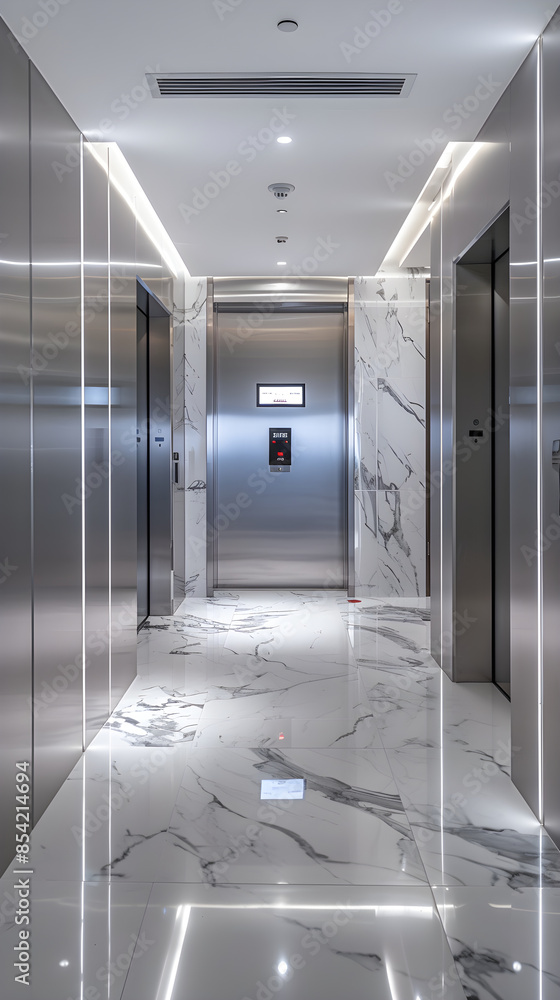 Modern minimalist office building elevator with stainless steel doors and digital floor indicator, conveying efficiency and contemporary design. Modern minimalist office building elevator with stainless steel doors and digital floor indicator, conveying efficiency and contemporary design.