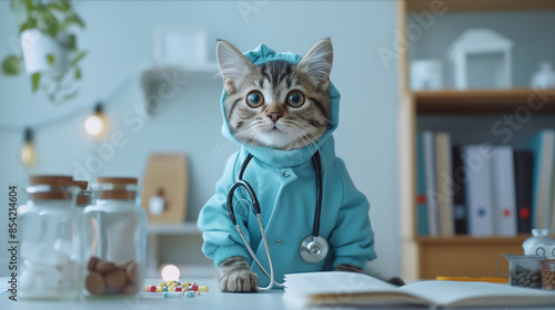 Cute cat in a vet costume with stethoscope, sitting on a table in a veterinary clinic. Cat doctor
