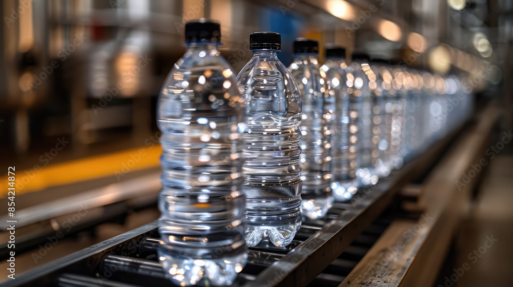 close-up of plastic bottles of mineral water on a production line close-up of plastic bottles of mineral water on a production line