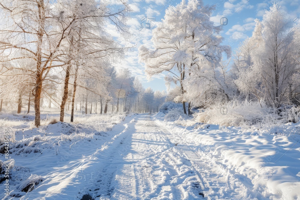 Fototapeta premium The road blanketed in snow with icy trees lining its side makes for a serene winter view