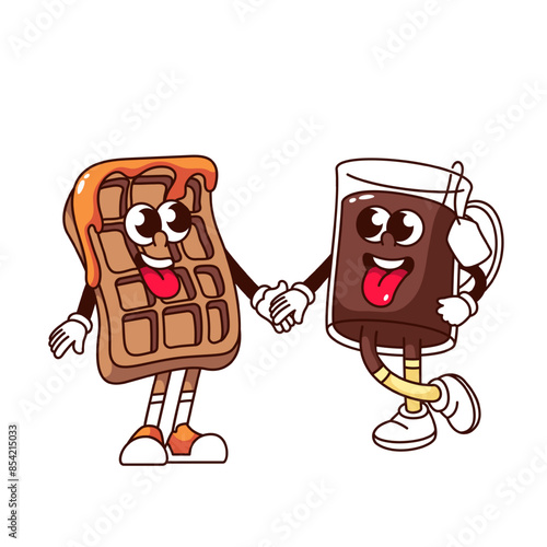 Groovy waffle dessert with tea cartoon characters friends. Funny retro glass of drink and waffle with tongues sticking out, breakfast food mascot, cartoon sticker of 70s 80s style vector illustration