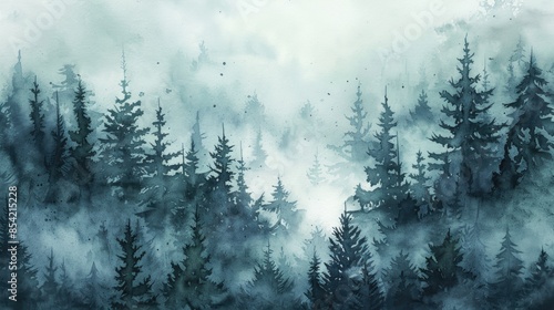 Foggy forest of fir trees depicted in watercolor photo