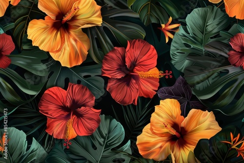 Wallpaper Mural A tropical vintage red hibiscus and strelitzia floral pattern with green palm leaves was created with generative stock. Exotic jungle wallpaper. Torontodigital.ca