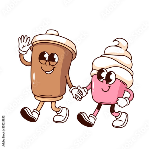 Groovy coffee cup and cupcake with cream cartoon characters walking. Funny retro breakfast couple, morning food mascot, cartoon coffee with dessert sticker of 70s 80s style vector illustration