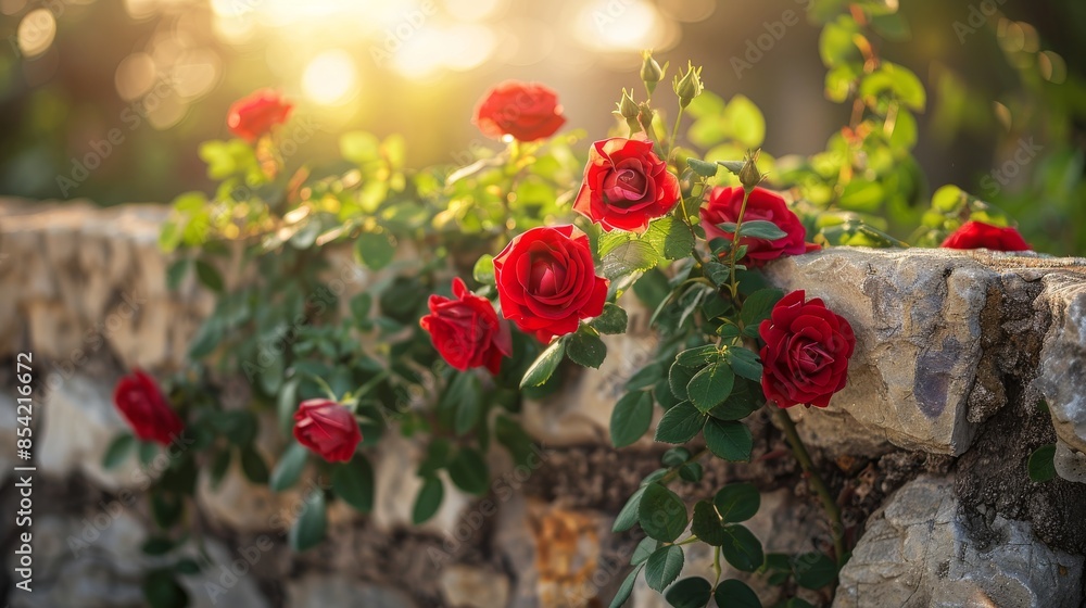 An antique brick wall of a castle with red roses on Valentine's Day.