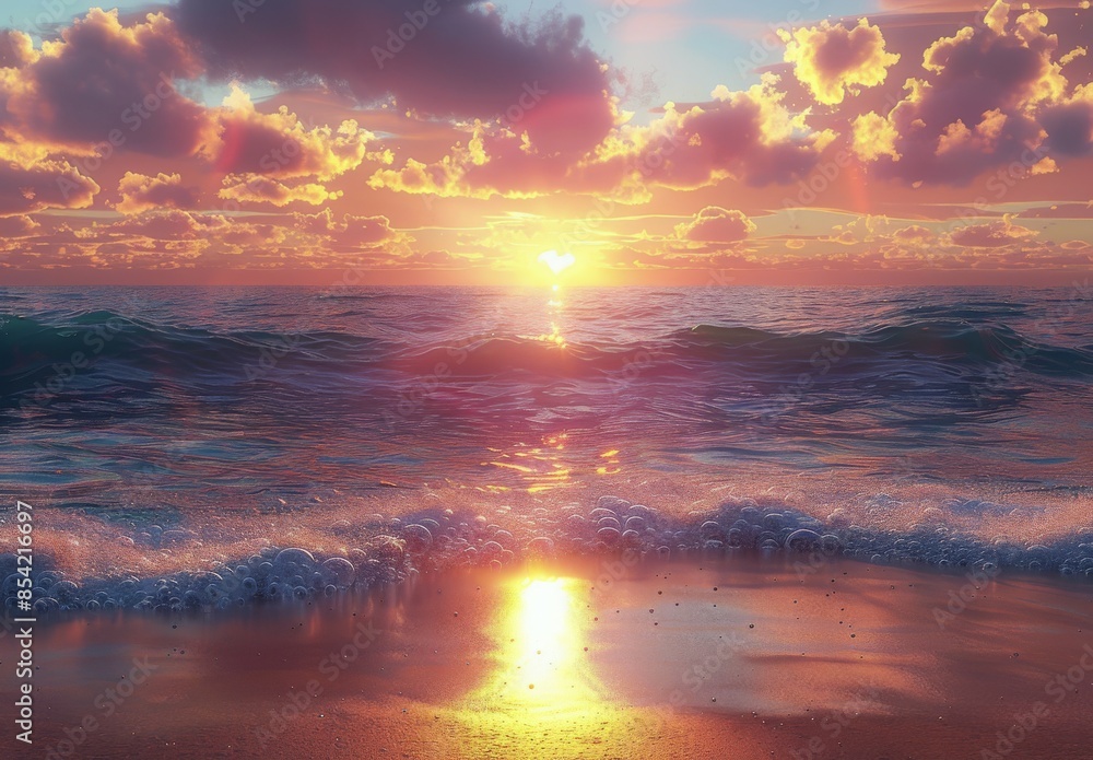 Vibrant Sunrise Over Calm Ocean Waves at Beach