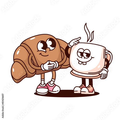 Groovy coffee cup and croissant cartoon characters friends. Funny retro morning food and drink standing together, breakfast mascot, cartoon coffee and dessert sticker of 70s 80s vector illustration