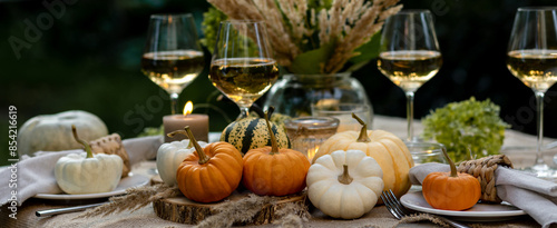 Canvas Print Simple craft elements, pumpkins as decoration, candles