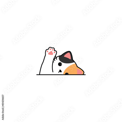 Maneki neko kawaii lucky cat three color beckoning paw cartoon, vector illustration