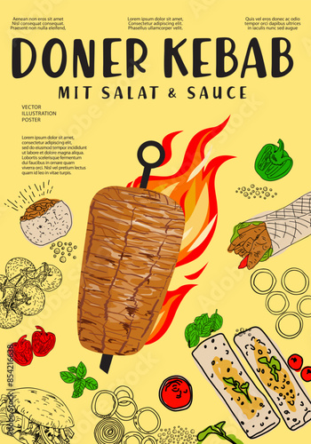 Doner kebab Hand drawn vector illustration. Making doner kebab and kebab ingredients. Fast food design elements. Restaurant cafe poster, template design. 