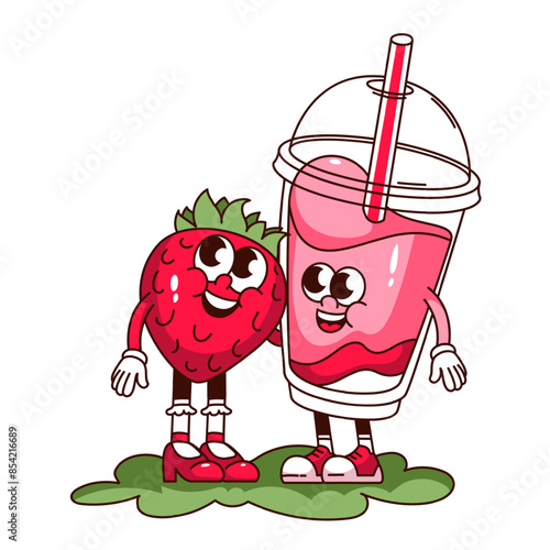 Groovy strawberry and pink milkshake cartoon characters friends. Funny retro friendship of ingredients for strawberry cocktail, summer food mascot, cartoon sticker of 70s 80s style vector illustration
