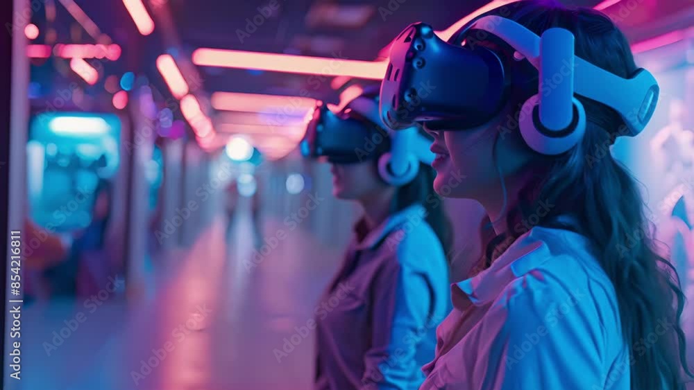 Dreamlike scene of virtual reality enthusiasts in an indoor arcade Dreamlike scene of virtual reality enthusiasts in an indoor arcade