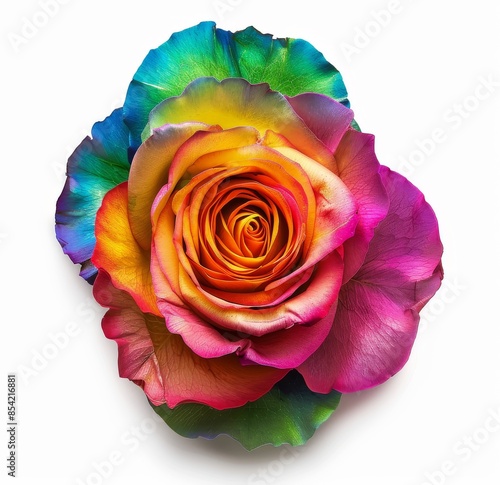 A beautiful LGBTQ rainbow peace rose on a transparent background that is colorful, bright and bold