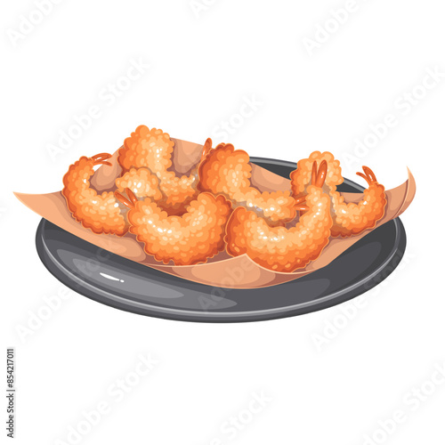 Tempura shrimp plate, cartoon seafood serving. Pile of hot deep fried prawns lying on brown eco craft paper and round black platter, cartoon crispy tempura cutlets for eating vector illustration