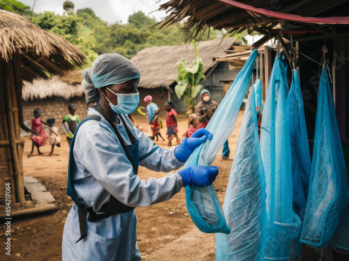 A Compassionate Health Worker Wearing a Face Mask and Gloves Handling Mosquito Nets in a Rural Community