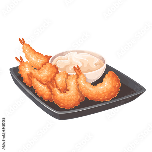 Tempura shrimp plate with cup of sauce, cartoon cooked seafood. Black square plate with five prawns deep fried in tempura batter, gold cutlets serving with mayonnaise cartoon vector illustration