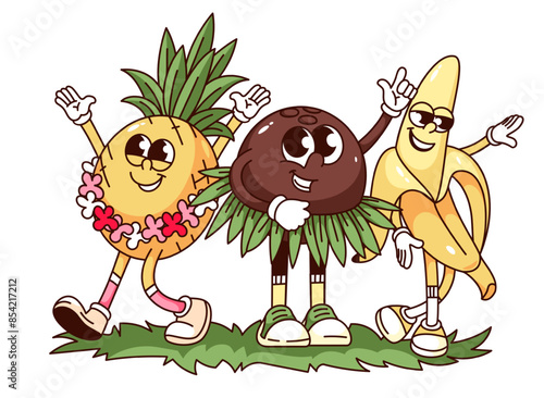 Groovy banana, coconut and pineapple cartoon characters on beach party. Funny retro happy fruits dance on luau. Hawaiian beach vacation mascot, cartoon sticker of 70s 80s style vector illustration
