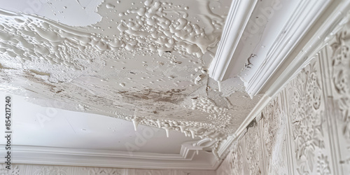 Water damage repair, damaged and stained ceiling, visible water marks, peeling paint, restoration service
