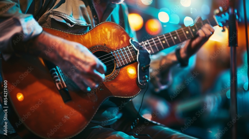 Obraz premium Vintage style guitar player in a pub vintage decor with folk music vibes