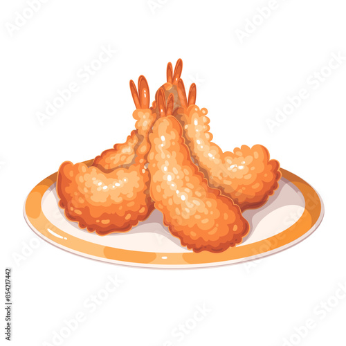 Tempura shrimp plate, cartoon seafood serving. Four golden crispy cutlets lying on white round platter with rim in Japanese restaurant or cafe, deep fried tempura dish cartoon vector illustration photo