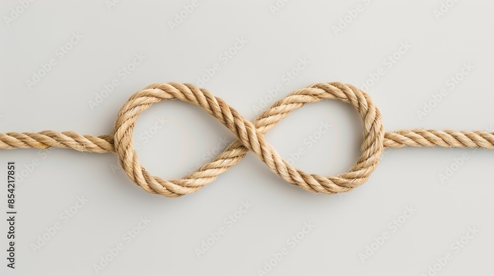 A rope is tied in a knot, with the knot being in the middle of the rope, infinity sign concept A rope is tied in a knot, with the knot being in the middle of the rope, infinity sign concept