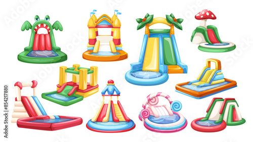 Colorful bouncy water slides set, cartoon equipment of waterpark. Toy trampoline and bouncer, chute from balloon pipes, summer playground games mascot, cartoon slides collection vector illustration