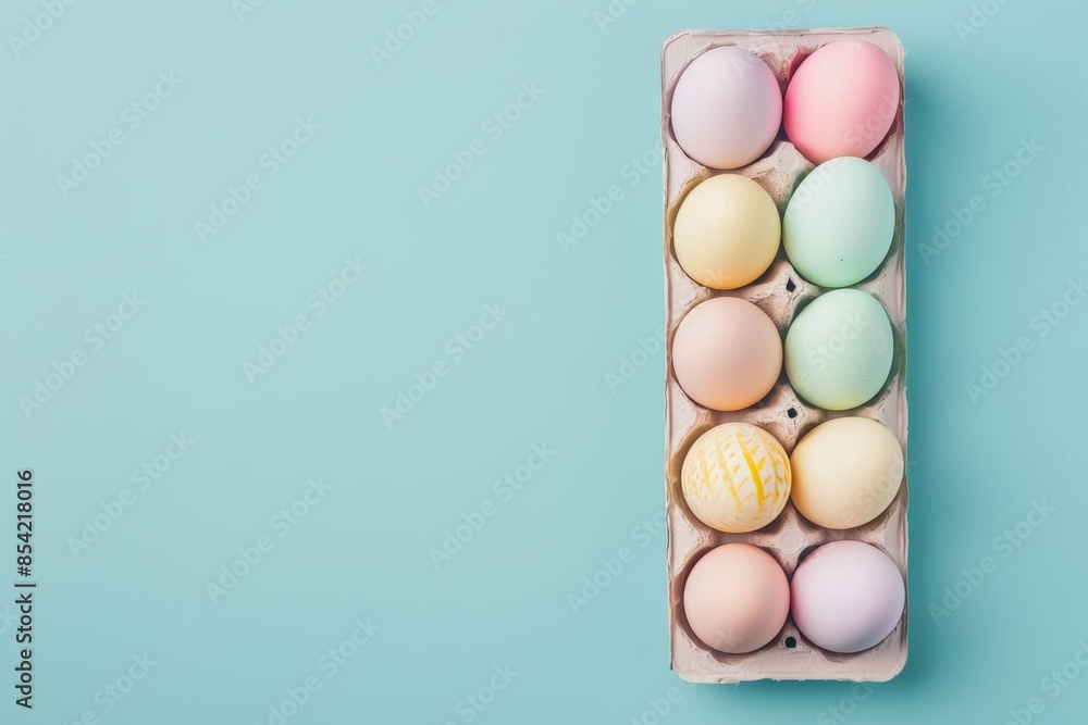 A wonder vibrant egg carton filled with colorful Easter eggs on a white and blue background. A wonder vibrant egg carton filled with colorful Easter eggs on a white and blue background.