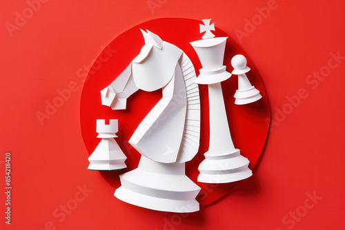 Paper cut illustration chess themed over red background. Space for copy photo